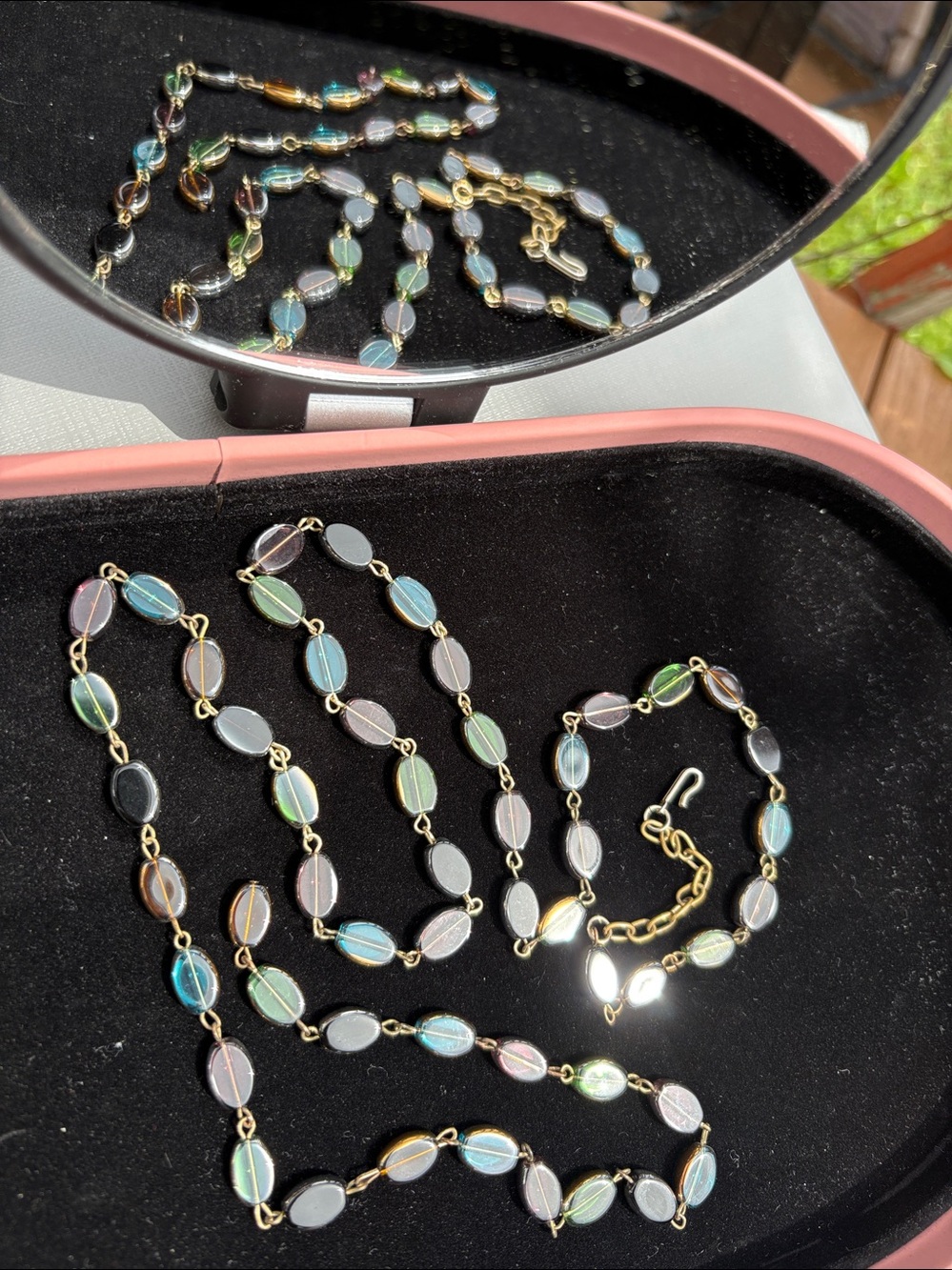 Vintage Multicolor Open Back Glass Bead Gold Linked Opera Necklace #324